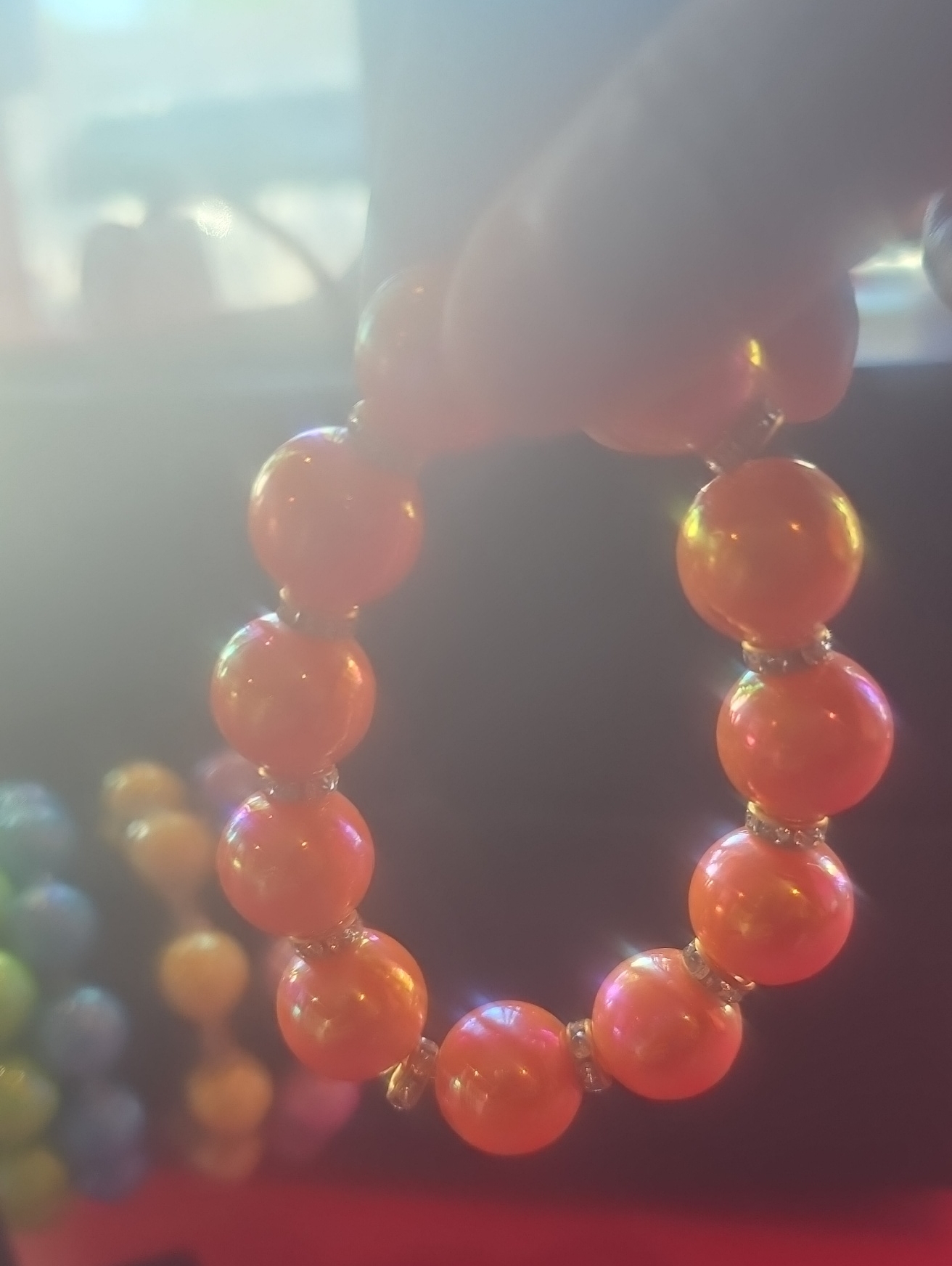 Bright Orange Beaded Stretch Bracelet With Silver Accents - Women Jewelry
